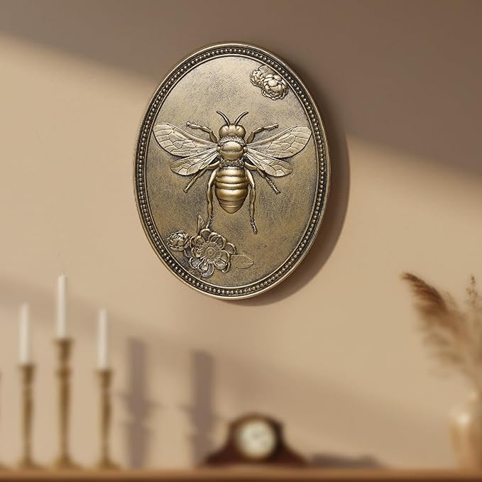 Newinhome Vintage Bee Wall Sculpture, Antique Wall Decor, Bee Wall Decor, Hanging Decoration with Embossed Bee Design, Vintage Decoration for Living Room Bedroom and Hallway, Housewarming Gift