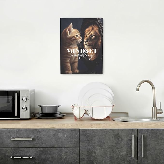 Motivational Lion And Cat Wall Art For Kids Mindset Is Everything Nursery Canvas Wall Decor Inspirational Pictures Paintings Prints Artwork Framed Decorations For Children's Room Bathroom Bedroom Living Room Office Gifts 12" x 16"