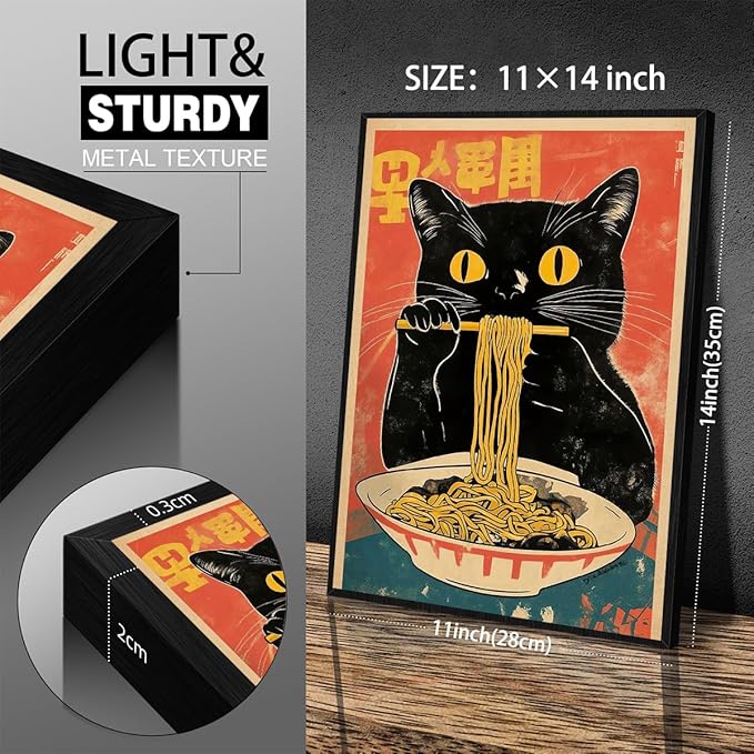 Black Framed Canvas Wall Art Posters Vintage Funny Black Cat Eating Ramen Unique Kitchen Decor Artwork Japanese Prints for dining Room Bedroom or Living Room Decoration 11x14 inch