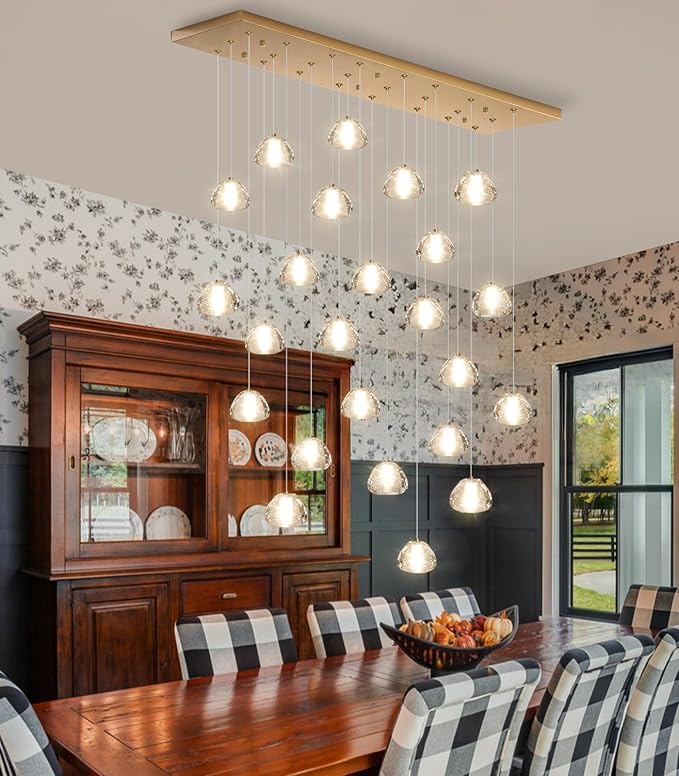 24-Lights Modern Crystal Rectangular Chandelier LED Raindrop Ceiling Pendant Light Crystal Lighting Fixture for Living Room Hotel Staircase Hallway Foyer Entryway Bedroom Gold