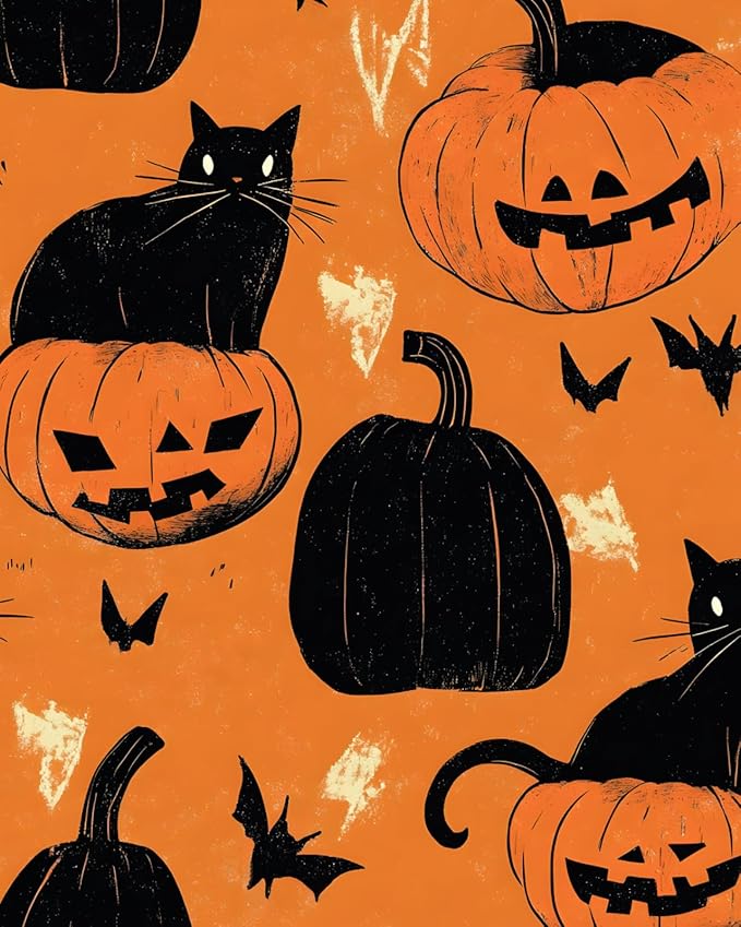 Cat Peel and Stick Wallpaper Boho Pumpkin Contact Paper Orange Floral Removable Self Adhesive Waterproof Wall Paper for Cabinet Drawers Wall Decor Renter Friendly 17.5''x118''