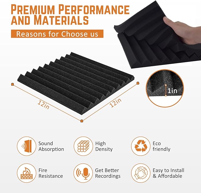 Acoustic Panels 24 Pack Soundproof Wall Panels 1" X 12" X 12" Sound Proof Foam Panels with Self Adhesive Noise Cancelling Soudproofing Wedge High Density Sound Absorbing for Studio Home Black