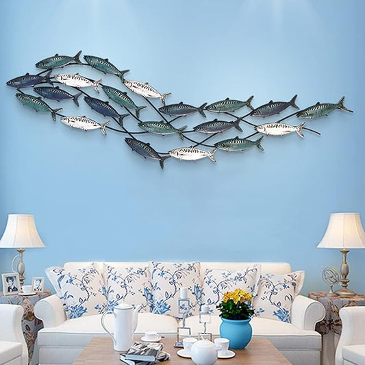 Metal Fish Wall Art - Large School of Fish Wall Decor for Living Room & Bedroom - Coastal Nautical Ocean Wall Sculpture (59" x 16")