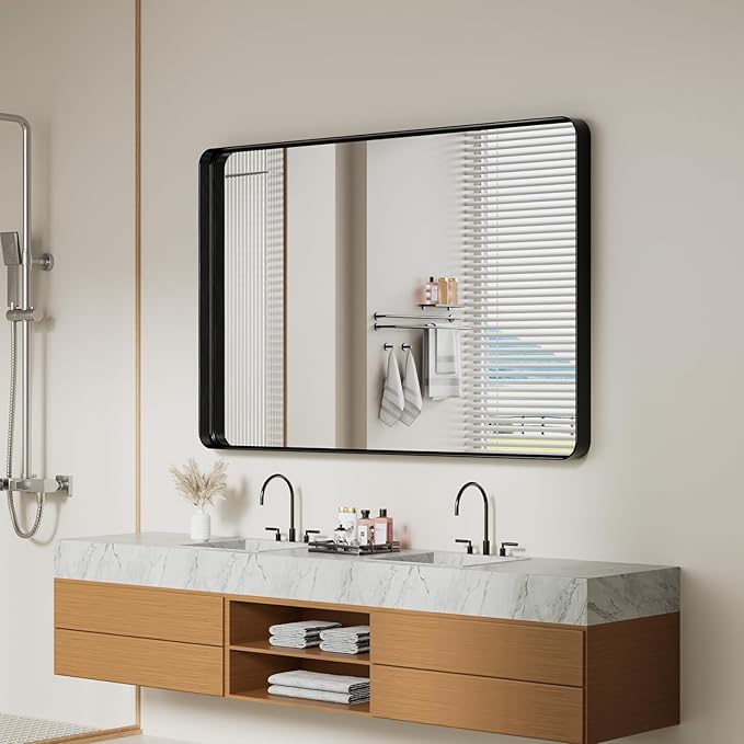 Koonmi Black Wall Mirror for Bathroom, 36x55 Inch Matte Deep Framed Rounded Rectangle Vanity Mirror for Farmhouse Living Room, Tempered Glass, Anti-Rust, Vertically or Horizontally