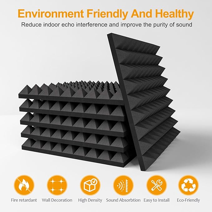 24 Pack Sound Proof Foam Panels Studio Acoustic Foam Panels,1" X 12" X 12"Soundproof Wall Panels,Fire-Proofed Pyramid Soundproofing Wedges,Acoustic Treatment Foam for Home -Black
