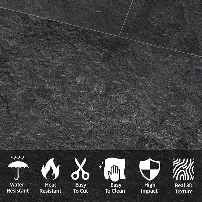 AULIGET 6" x 12" Black Slate Peel and Stick Backsplash Wall Tiles, PVC Faux Stone Stick on Tiles for Backsplash Kitchen, Bathroom, Laundry Room, Camper, Fireplace (Pack of 20)