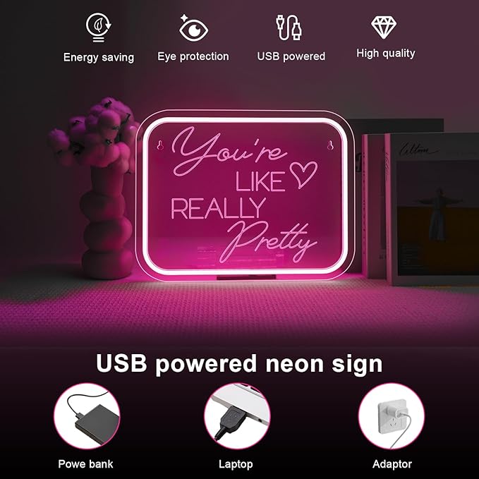 Lucunstar You're Like Really Pretty Neon Sign Pink Led Neon Light for Wall Decor Light Sign for Wedding Dimmable Switch USB Powered with Neon Lights for Bedroom Home Decor