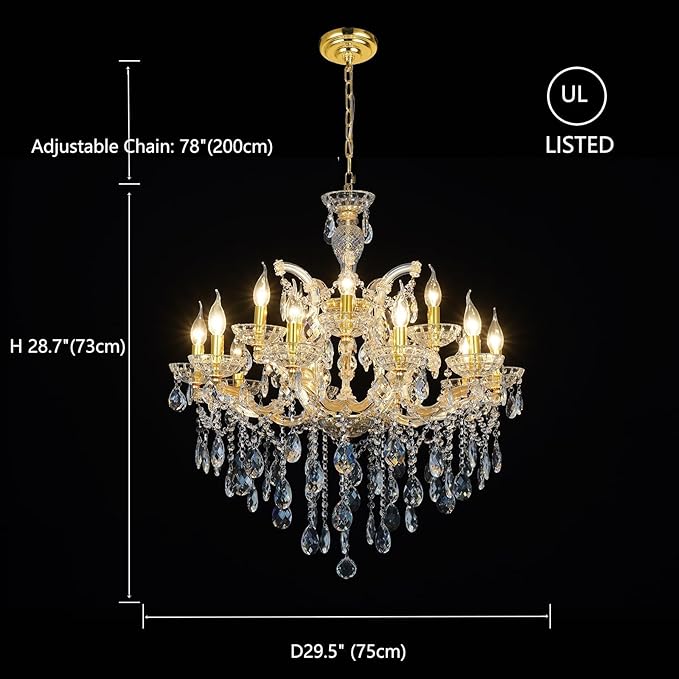 Modern Large Chandeliers Maria Theresa Crystal Chandelier for Dining Room, Living Room, Entryway, Staircase 2 Layers 15 Lights High Ceiling Pendant Lamp Luxury Chandelier D29.5 H28.7