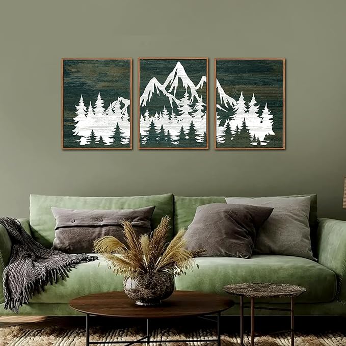 LHIUEM Framed Mountain Tree Canvas Wall Art Set of 3(12”X16”)Modern Greenery Forest Prints Abstract Country Mountain Rainier Wood Wall Picture Horizontal Long Wood Zen Artwork for Living Room Bedroom