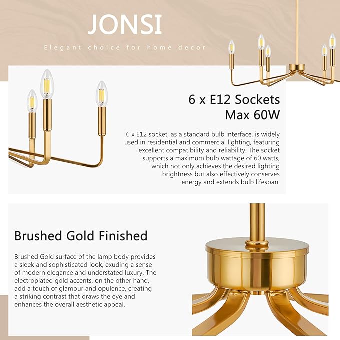 Jonsi Gold Chandelier - 26" Modern Brushed Brass Chandelier Light Fixture 6 Light Industrial Candle Lighting Hanging Ceiling for Living Dining Room, Kitchen Island