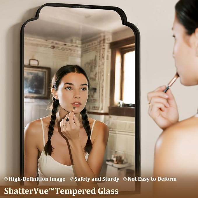 30X48 Inch Black Bathroom Mirror for Wall, Modern Rounded Corner Rectangle Mirror with Non-Rusting Iron Metal Framed Bathroom Vanity Mirror for Over Sink Wall Decor