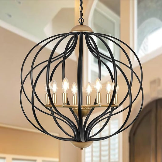 Black and Gold Chandeliers for Dining Room,25.6" Large Sphere Chandelier,8-Light Geometric Modern Farmhouse Pendant Light Orb Metal Industrial Chandelier for Foyer Entryway Stairway Living Room
