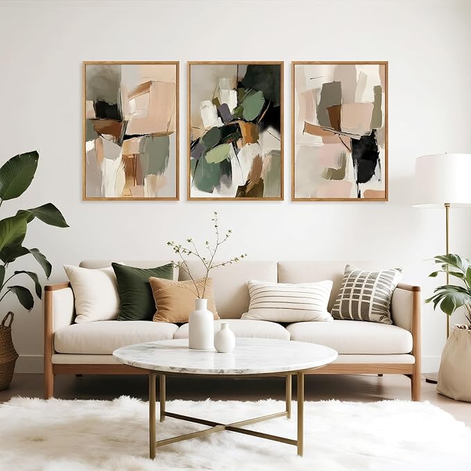 CHDITB Modern Abstract Framed Canvas Wall Art Set, Minimalist Wall Decor, Neutral Pastel Illustration Artwork Vintage Aesthetics Painting, Large 3 Piece Art Prints for Living Room, Bedroom 24"x36"x3