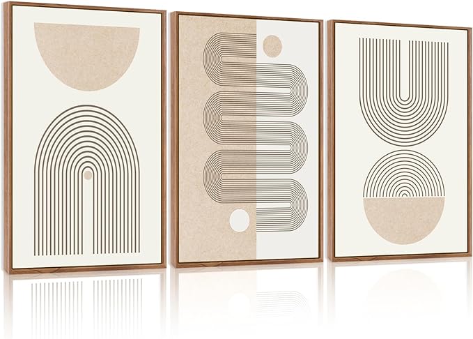 CHDITB Boho Framed Canvas Wall Art Set, Beige Bohemian Line Wall Decor, Mid-Century Modern Wall Painting, Abstract Neutral Geometric Art Print for Living Room, Bedroom, Office - 16"x24"x3