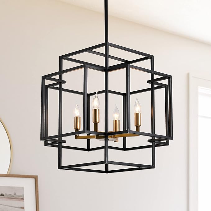 4-Light Black and Gold Chandelier, Modern Dining Room Light Fixture, Farmhouse Hanging Lantern Pendant Light, Industrial Ceiling Foyer Chandeliers, for Kitchen Island,Staircase,Entryway