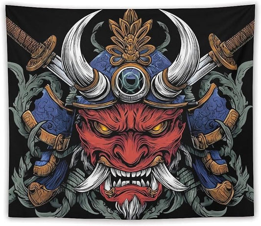 UUKXKUU Oriental Retro Mask Symmetry Samurai Tapestry Flag Backdrop Wall Hanging Large Wall Art Decor for Dorm Office Bedroom Living Room 50"×60"