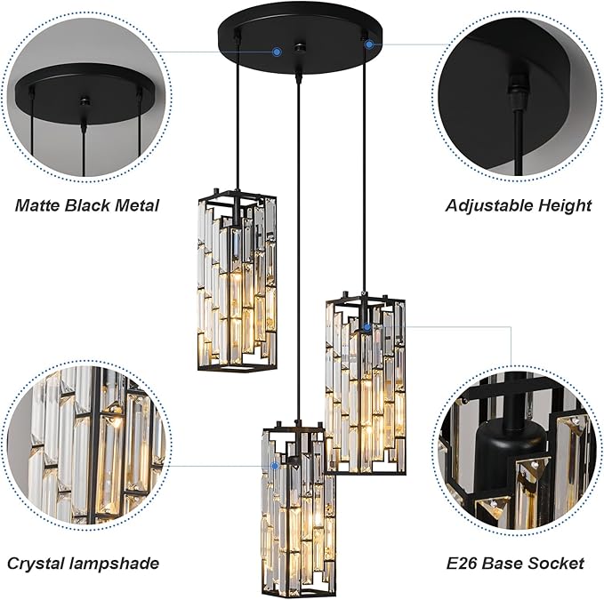 Black Pendant Lighting Modern Pendant Light, Mini Crystal Chandeliers,Adjustable Pendant Light Fixture for Kitchen Island Dinning Room Bedroom (3 Light)