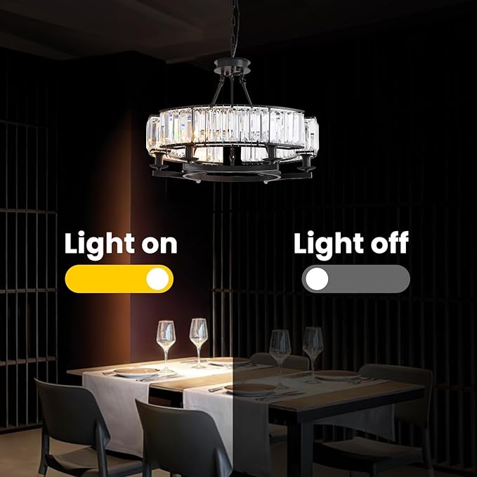 NOXARTE Round Crystal Chandelier 6 Lights Hanging Chandelier Pendant Light Ceiling Fixture Black Iron Frame for Dining Room Living Room Farmhouse D26 Inch x H20 Inch