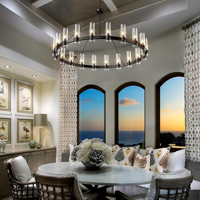 60" Black Wagon Wheel Chandelier, Large 20-Light Farmhouse Round Pendant Light Fixture with Glass Shade, Hanging High Ceilings Chandeliers for Dining Room Kitchen Foyer Entryway Living Room