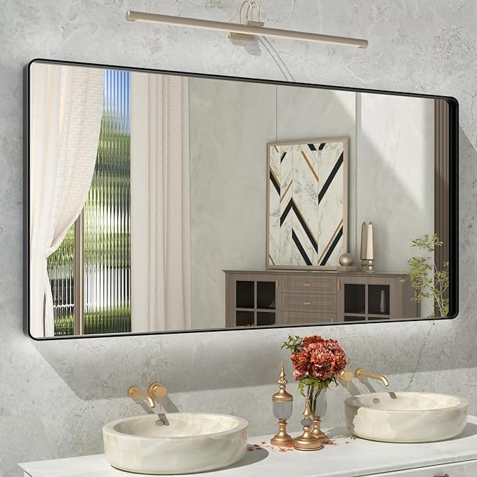 55x30 Inch Black Metal Framed Bathroom Mirror for Wall, Large Matte Black Bathroom Vanity Mirror,Rounded Rectangle Mirror,Anti-Rust,Tempered Glass (Horizontal/Vertical)
