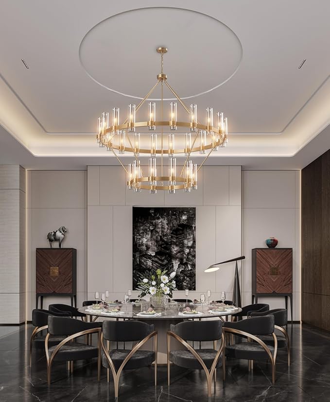 Large Wagon Wheel Chandelier, 30 Light Gold Round Chandelier with Glass Shade,60 Inch Round Industrial High Ceilings Pendant Lighting Fixture for Dining Living Room, Kitchen Island, Foyer