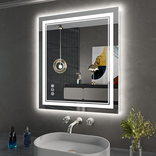 24X30 Inch LED Bathroom Mirror with Lights, Backlit and Front Lighted Bathroom Mirrors for Wall, Anti-Fog Dimmable Memory Shatterproof LED Vanity Mirror for Bathroom