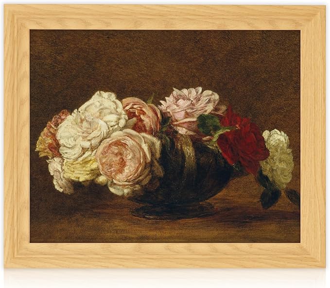 Brivoria Framed Canvas Wall Art Vintage Decor, Antique Floral Still Life Print with Roses and Warm Autumn Background for Entryway Hallway Reading Nook Office or Bathroom Classic Fall Display, 13"x16"