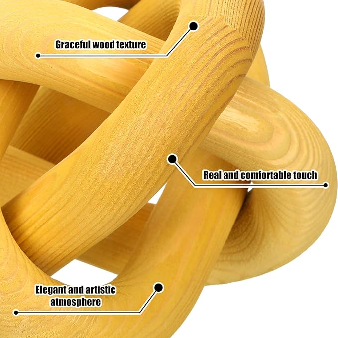 3 Link Wood Knot Decor - Hand Carved Coffee Table Decoration, Boho Chain Link Decor, Modern Shelf, Rustic Objects for Home Living Room Bedroom(Yellow)