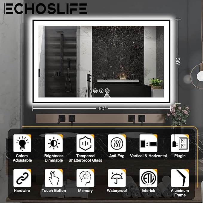 60x36 LED Bathroom Mirror - Black Aluminum Framed (Front and Backlit), Anti-Fog Smart Mirror, Stepless Dimmable, 3 Colors (Horizontal/Vertical)