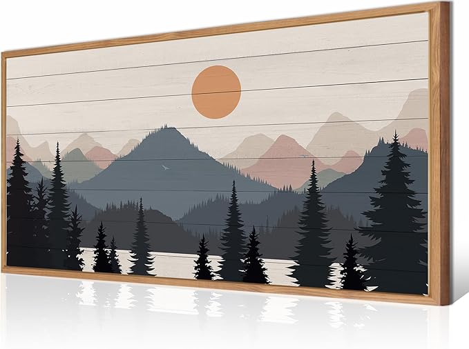 Anyzal Large Framed Serene Mountain Range Canvas Wall Art Boho Sunset forest Lake Wall Decor Abstract Nature Wilderness Art Print for Bedroom Living room Office Large 20x40 Inch