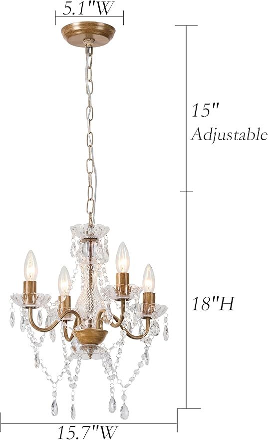 LaLuLa Wood Color Chandelier Mini Crystal Chandeliers Lighting with Acrylic Crystals 4 Lights Antique Farmhouse Light Fixtures for Dining Room
