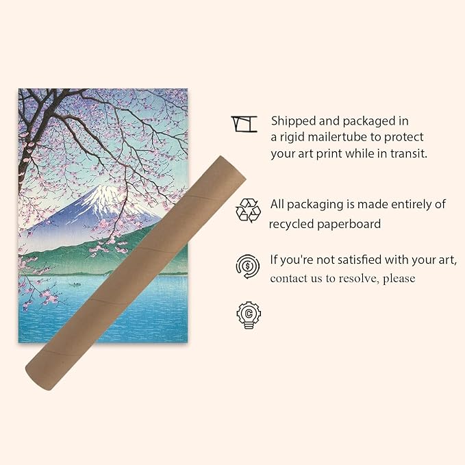 OZCONO Japanese Mount Fuji Wall Art Print, Cherry Blossom Lake Scene, UV-Resistant Gallery Quality Giclée Print, Unframed (Unframed) (18L x 12W)