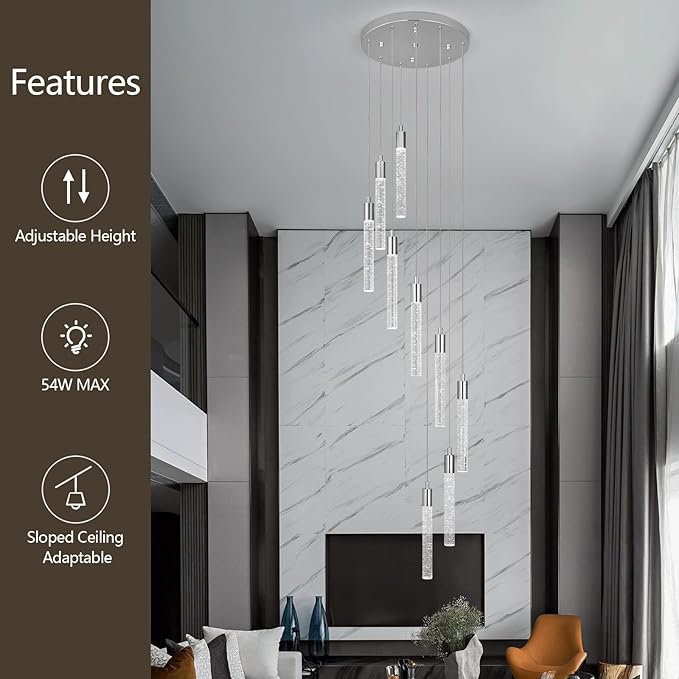 9 Light Living Room Chandelier Chrome Crystal Pendant Lights LED Dimmable 54W 6000K Staircase Large Chandelier Lobby Living Room Foyer High Ceiling Chandeliers