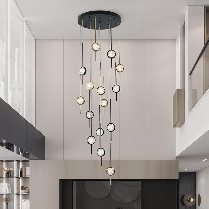 Modern Crystal 15-Light Chandelier, Black and Gold Special Exclusive Bubble Raindrop Chandelier for Spiral Staircase, Foyer, Entryway,High Ceiling (45W)
