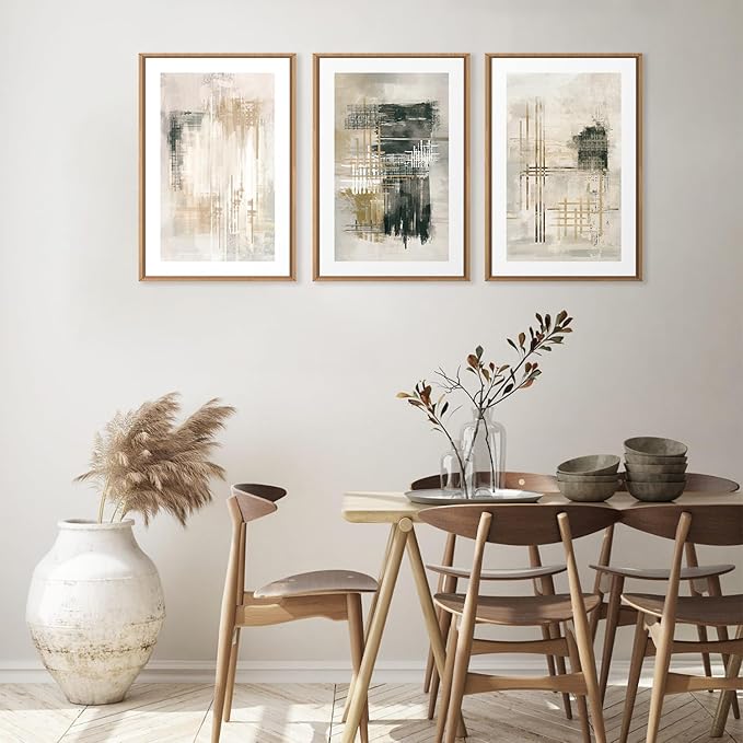 Ausril Modern Abstract Framed Canvas Wall Art Set, Neutral Beige Shape Wall Decor, Black and White Block Wall Painting, Minimalist Paint Stroke Art Print for Living Room, Bedroom, Office 24"x36"x3