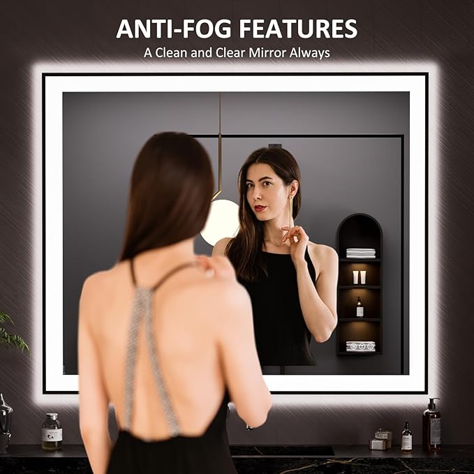 LOAAO 48"X40" LED Bathroom Mirror Black Framed, Anti-Fog, Dimmable, Lighted Bathroom Vanity Mirror for Wall, Memory Function, Tempered Glass
