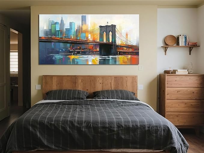 Arjun Cityscape Wall Art New York City Canvas for Living Room Painting Brooklyn Bridge Manhattan Bedroom Wall Art for Men Modern Picture Artwork Large Framed Home Office Wall Decor 48"x24"
