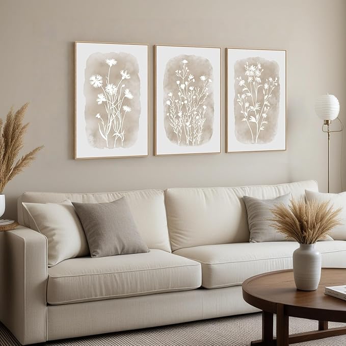 Neutral Wildflower Framed Wall Art Boho Botanical Vintage Minimalist Floral Canvas Farmhouse Wall Decor Beige Prints for Living Room Bedroom Office, 3 Panels, 16x24 Inch