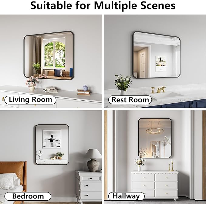 Koonmi Bathroom Mirror, 30X36 Inch Black Metal Framed Mirror for Bathroom, Tempered Glass, Anti-Rust, Rounded Rectangle Mirror for Restroom, Bedroom, Black