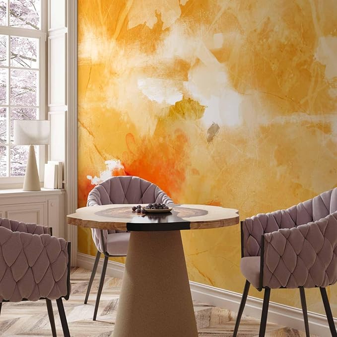 artgeist Premium Wall Mural Abstract 138x101 in - XXL Non-Woven Wallpaper Fleece Wall Decor Photo Print Picture Image Design Home Aquarell Paint Stains Like Painted Orange a-A-0938-a-a