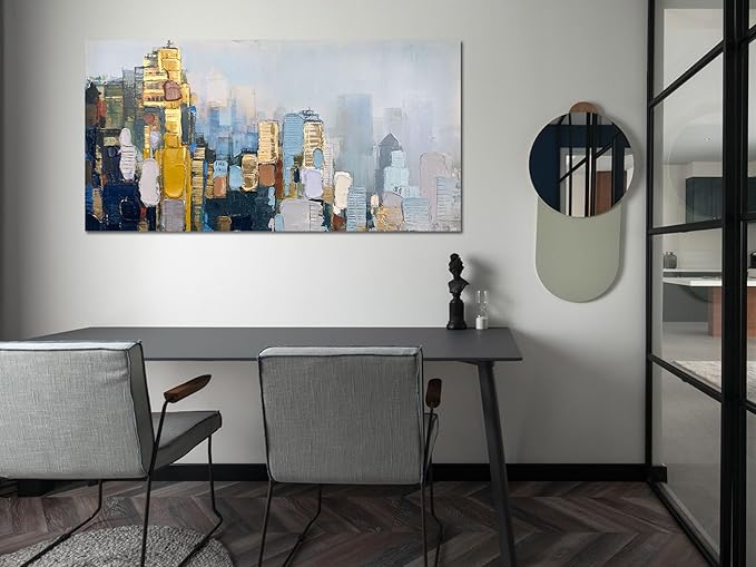 Arjun Neutral Wall Art Painting Abstract Art Wall Decor Canvas, Large Textured Skyline for Living Room Gold Painting Modern Wall Art for Men Bedroom Cityscape Artwork Home Office Wall Decor, 40"x20"