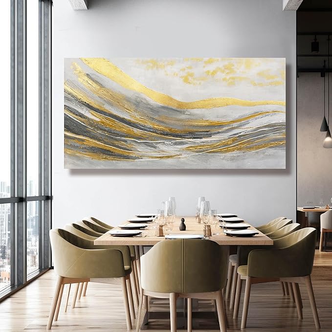 Artexist White Line Wall Paintings Modern Wall Art Gold Foil Photo Prints 29"x58" Large Dining Room Wall Decor Posters for Bedroom