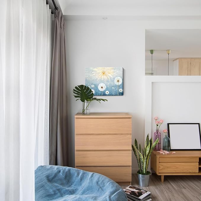 Nicetop Floral Canvas Wall Art – Blue Botanical Dandelion Picture, Inspirational Nature Art Print Wildflower Artwork for Bathroom Bedroom Office or Small Living Room, Rustic Decor16x12 Inch