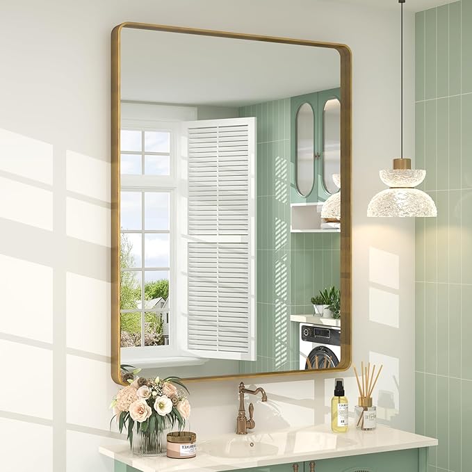 28x36 Gold Framed Mirror for Bathroom, Brushed Gold Mirror with Metal Frame, Modern Rectangle Brass Vanity Mirror for Wall, Shatterproof, Anti-Rust (Horizontal/Vertical)