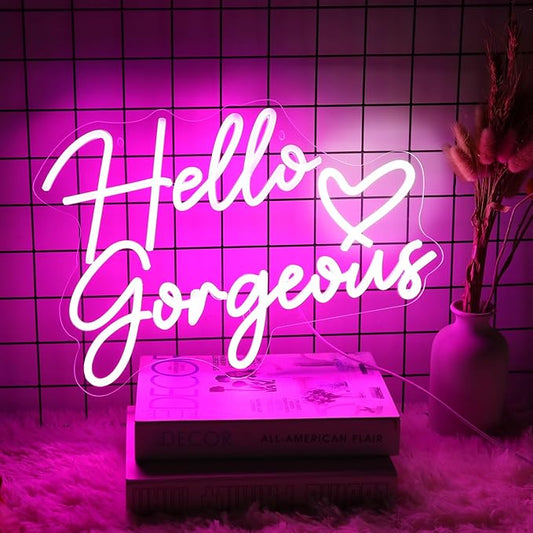 Neonwall Hello Gorgeous Neon Sign for Wedding, Led Neon Light Sign for Bedroom Room Decor Birthday Party USB Operated Game Center Neon Light for Art Gift 22" （Pink +White Heart)