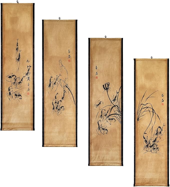 CIFIBIFUN Wall Asia Art Prints Posters,4 Panels Qi Baishi Shrimp China Ink Painting Replica Paper Scroll, Home Walls Decor Chinese Painting