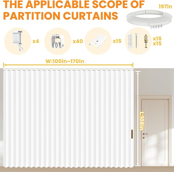 100% Blackout Room Divider Curtains - Total Privacy Curtain Panel, Thermal Insulated Noise Reduction Curtain for Bedroom Windows, Include Ceiling Curtain Track(White, W180 x L108, 1 Pack)
