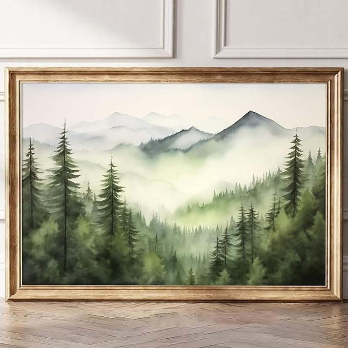 Large Forest Mountain Landscape Wall Art Canvas Print Green Forest Pictures Watercolor Pine Tree Painting Green Mountain National Forest Poster Watercolor Landscape Artwork Decor 16x24inch No Frame