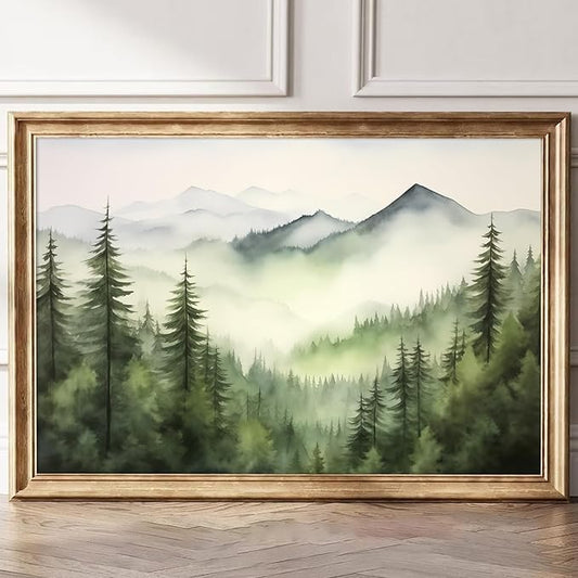 Large Forest Mountain Landscape Wall Art Canvas Print Green Forest Pictures Watercolor Pine Tree Painting Green Mountain National Forest Poster Watercolor Landscape Artwork Decor 16x24inch No Frame