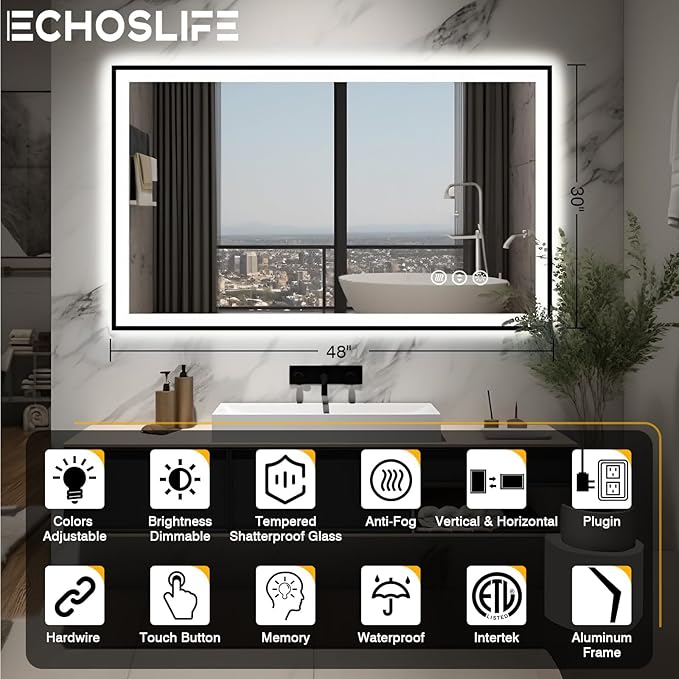 48x30 LED Bathroom Mirror - Black Aluminum Framed, Anti-Fog Lighted Vanity Mirror, Stepless Dimmable, 3 Colors Smart Mirror